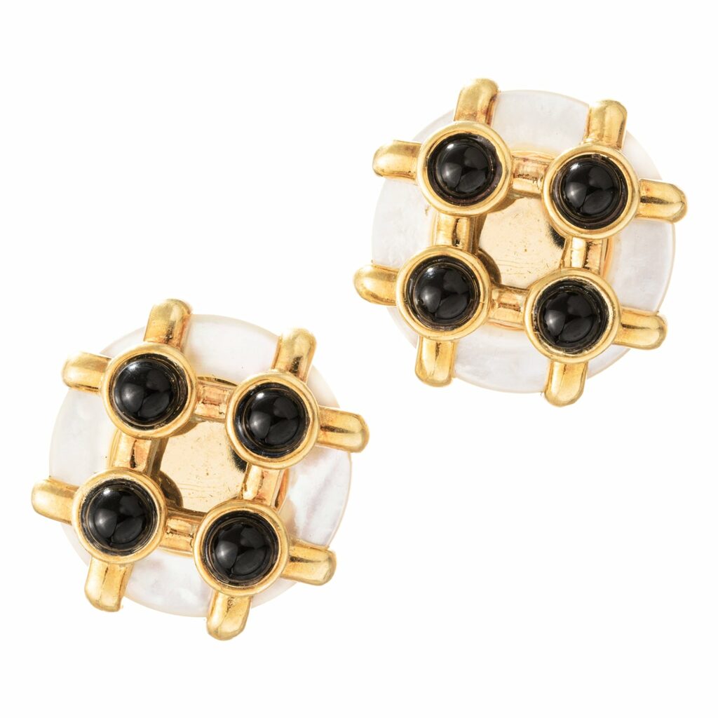 Mother of Pearl, onyx and 18-karat gold earrings signed Cartier and Aldo Cipullo, circa 1972, courtesy Greenleaf & Crosby by Betteridge (@greenleafandcrosby).