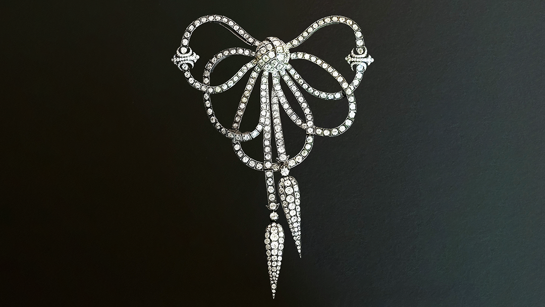 Georgian, oversized loop bow brooch, old mine diamonds, silver topped gold, courtesy Paul Fisher (@paulfisherjewelry).