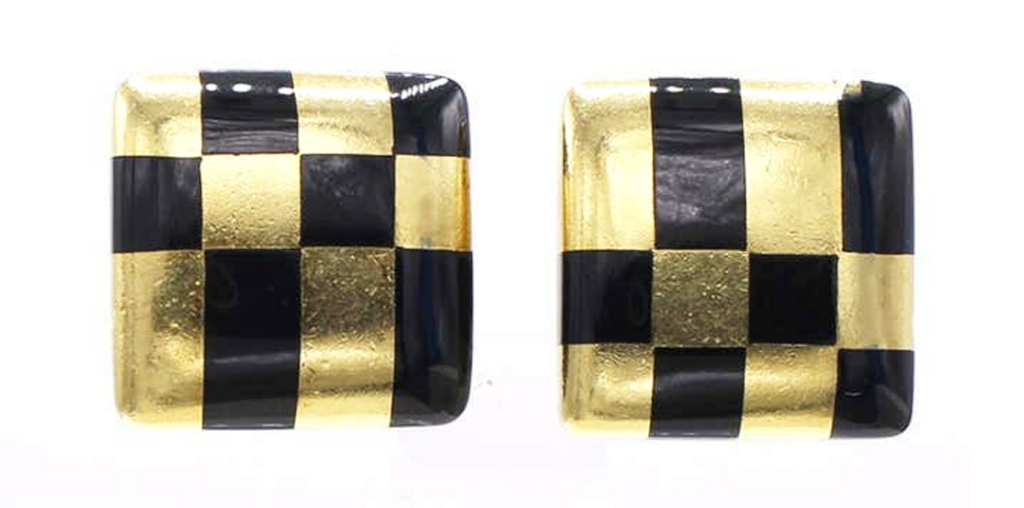 Black jade and 18-karat gold Checkerboard earclips, stamped C for Cummings, Tiffany & Co., 750, courtesy Oltuski Brothers.