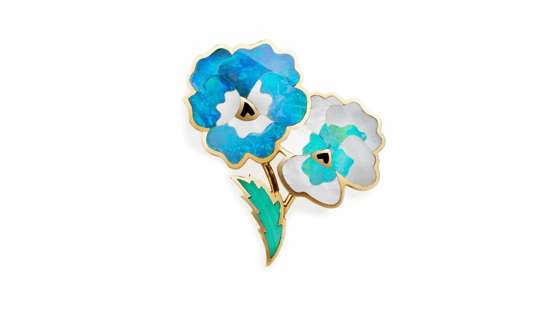 Opal, jade, malachite, mother of pearl and gold pansy brooch by Angela Cummings for Tiffany & Co., signed Tiffany & Co., circa early 1980s, courtesy, Macklowe Gallery (@macklowegallery).