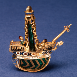 Gold and enamel pomander in the shape of a ship, 1600-1650, public domain, courtesy Walters Museum of Art / Wikimedia Commons.