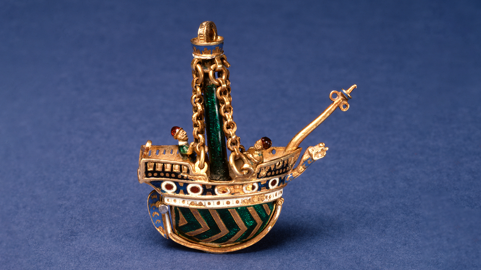 Gold and enamel pomander in the shape of a ship, 1600-1650, public domain, courtesy Walters Museum of Art / Wikimedia Commons.