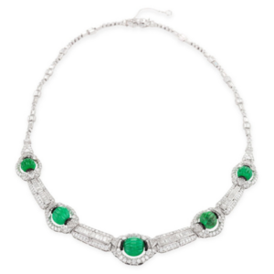 Old European diamonds (approximately 11.10-carats), carved emerald beads (approximately 19-carats), enamel and platinum necklace, circa 1930 courtesy Macklowe Gallery (@macklowegallery).