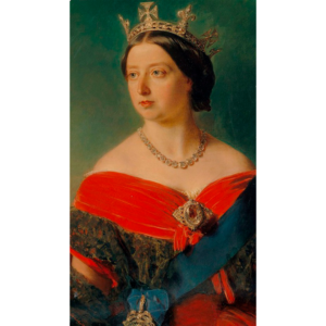 Oil on canvas portrait of Queen Victoria wearing the Koh-I-Noor diamond set in a brooch, painting by Franz Xaver Winterhalter, 1856, Public Domain courtesy Wikimedia Commons.