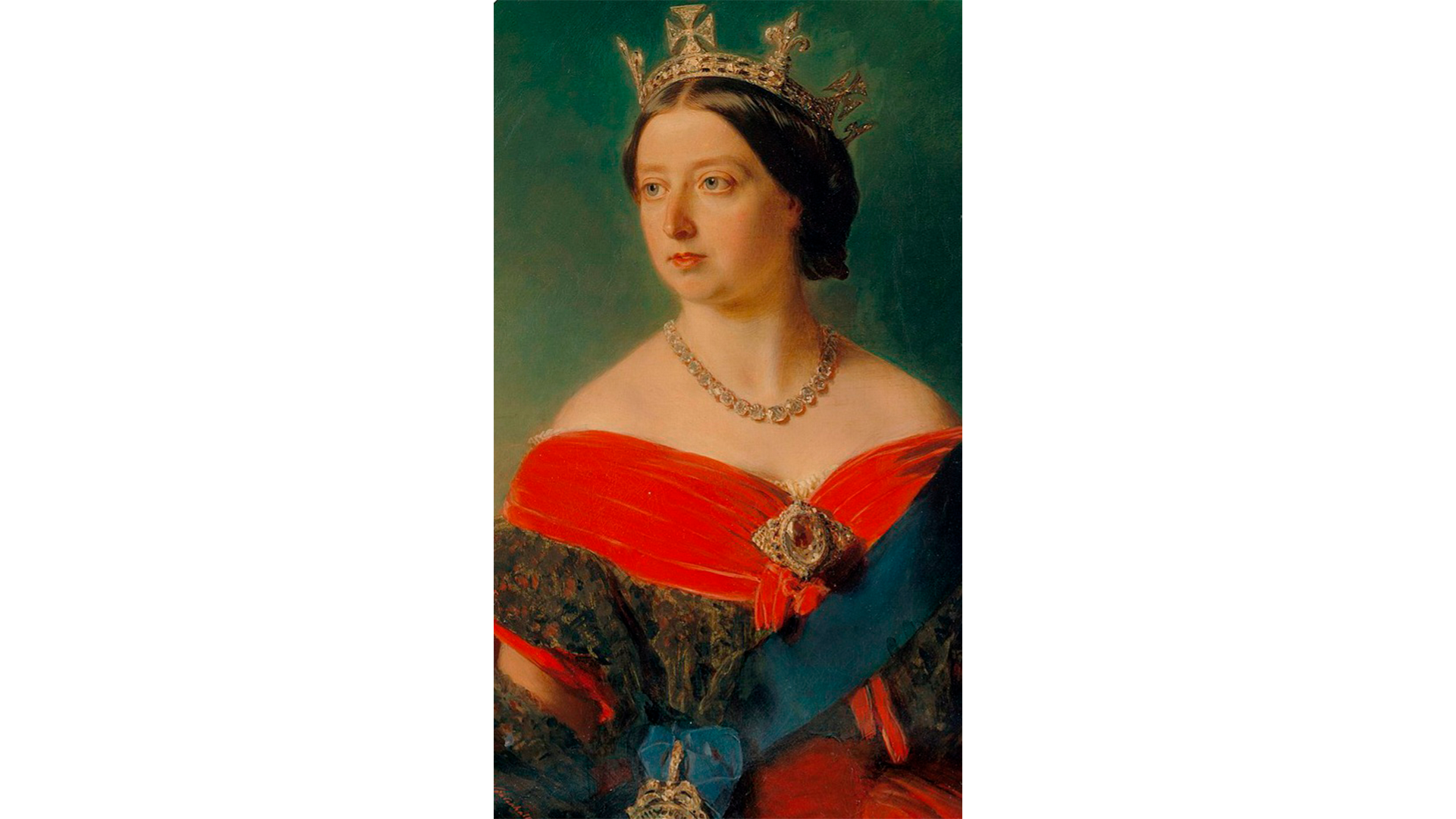 Oil on canvas portrait of Queen Victoria wearing the Koh-I-Noor diamond set in a brooch, painting by Franz Xaver Winterhalter, 1856, Public Domain courtesy Wikimedia Commons.