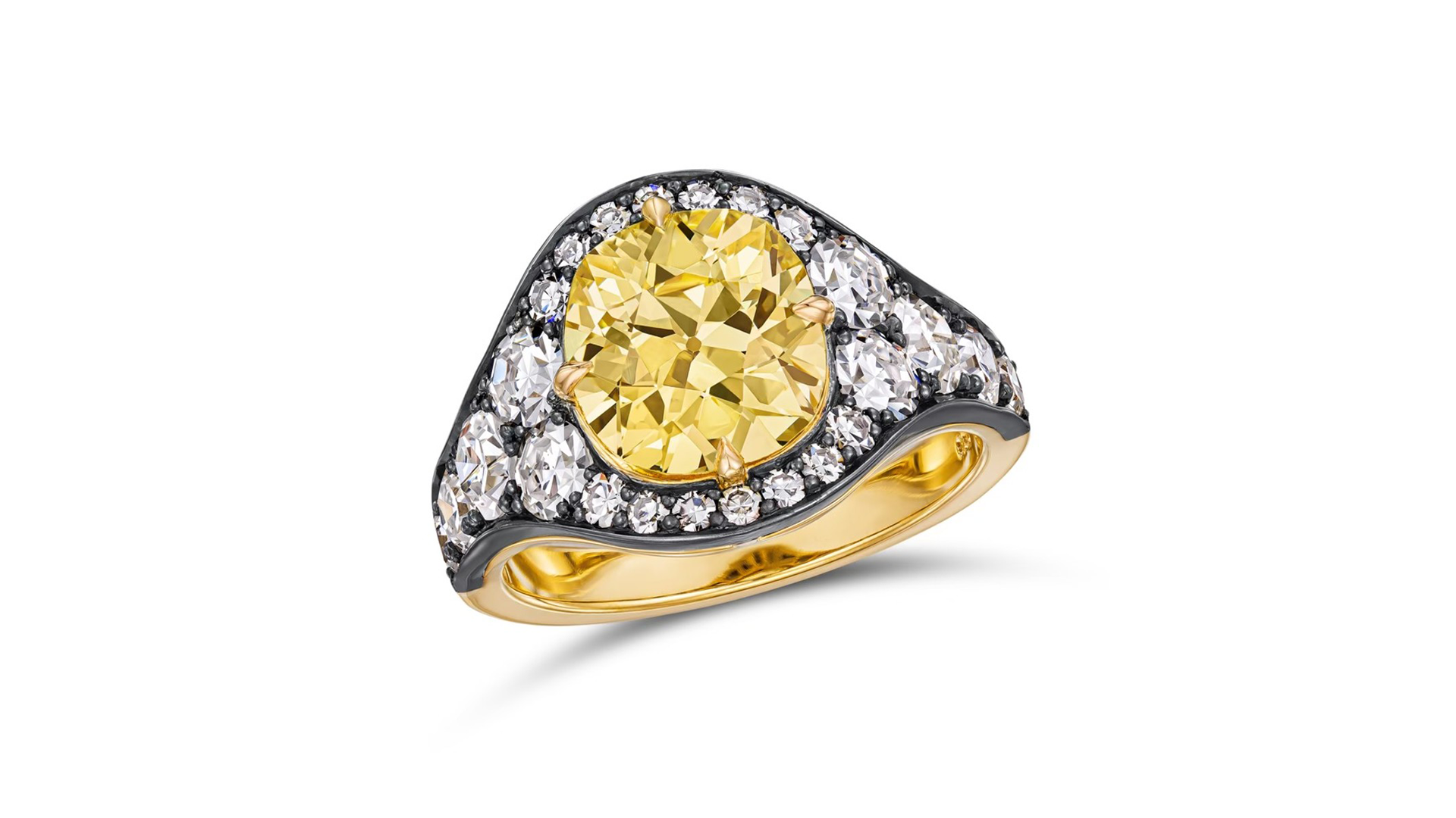 Antique 2.62-carat cushion cut fancy yellow diamond, white diamond and silver over 18-karat yellow gold, contemporary setting, courtesy Richard Bounomo (@gemstoner_nyc).
