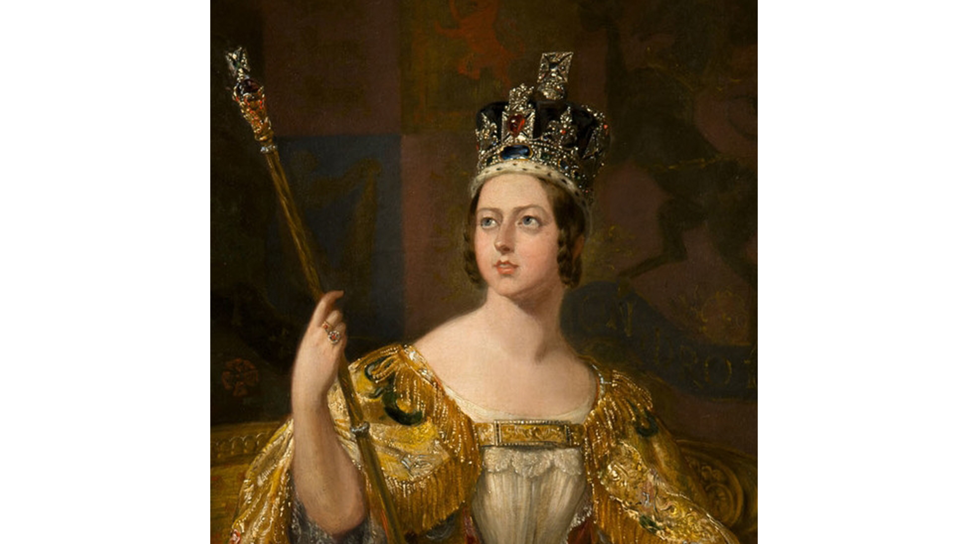 Detail of Queen Victoria’s Coronation Portrait by George Hayter, 1838, showing the Black Prince’s Ruby on the crown, courtesy WikiCommons.