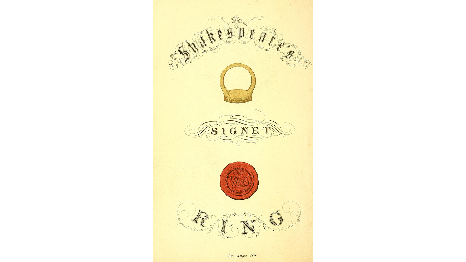 Print of Shakespeare’s signet ring, frontispiece of “The History and Poetry of Finger-Rings” (New York, RedField, 1855) Public Domain, courtesy WikiCommons.